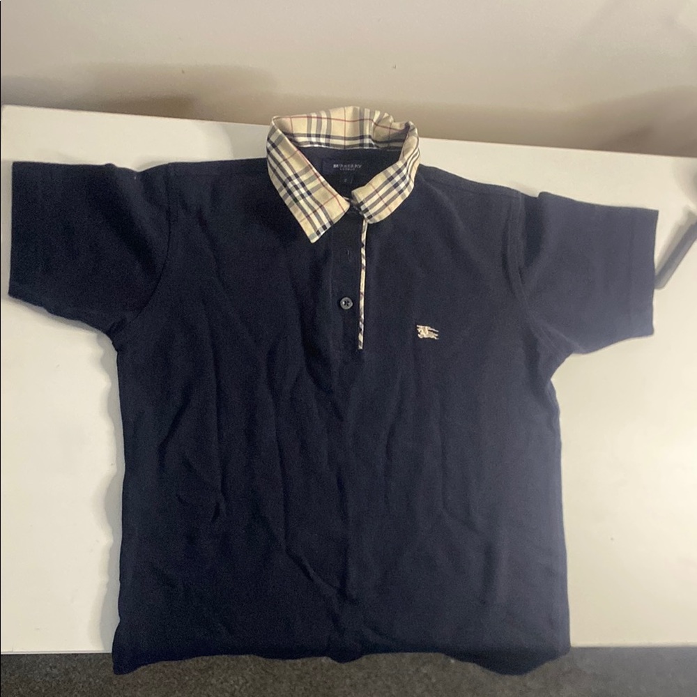 Burberry Navy Polo Shirt with Plaid Collar Barely Worn Perfect Condition